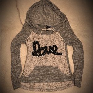 Heather Gray & Cream Lace, Sequin Love Hoodie, by Miss Chevious